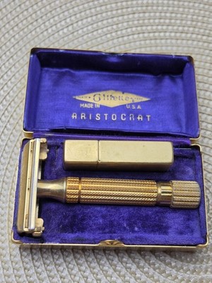 Vintage Gillette Aristocrat Gold Safety Razor Set w/ Case Blade Bank USA