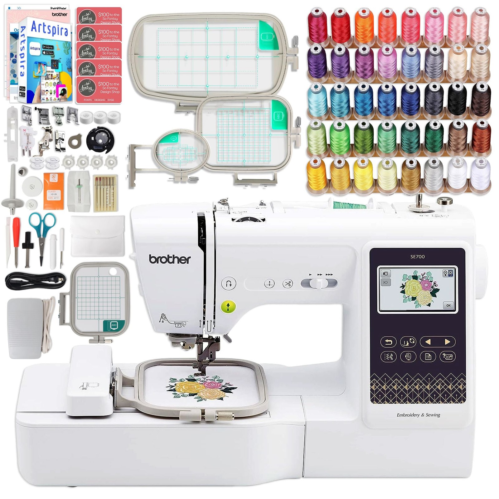 & Sewing Machine With Hoops & Embroidery Threads