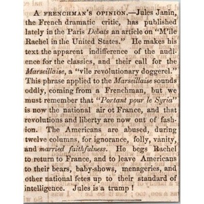 A Frenchman's Opinion Jules Janin M'ile Rachel 1855 Portland ME Clipping SAI4-M4