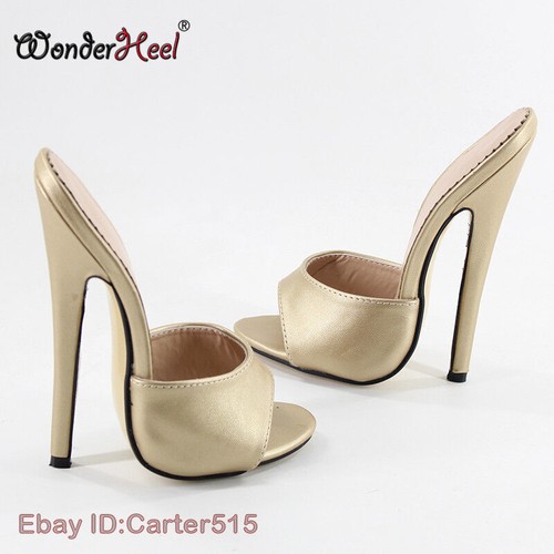 Sandali da donna tacco a stiletto 18 cm pelle opaca fetish slip on tacco alto punta aperta - Foto 18 di 32