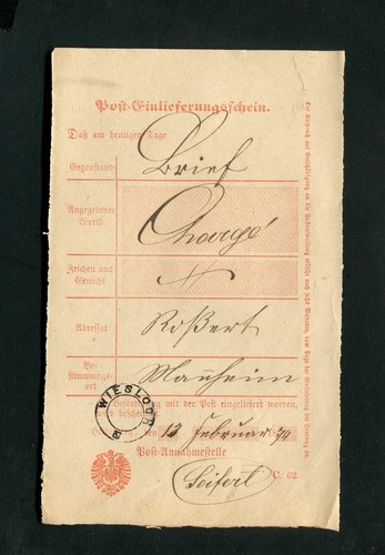 Baden Postschein 1874 spät, Badischer K2 "Wiesloch" (#2152)