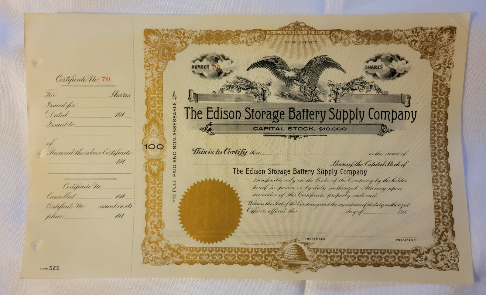 Edison Storage Battery Supply Co 10,000 Capital Stock Certificate 191