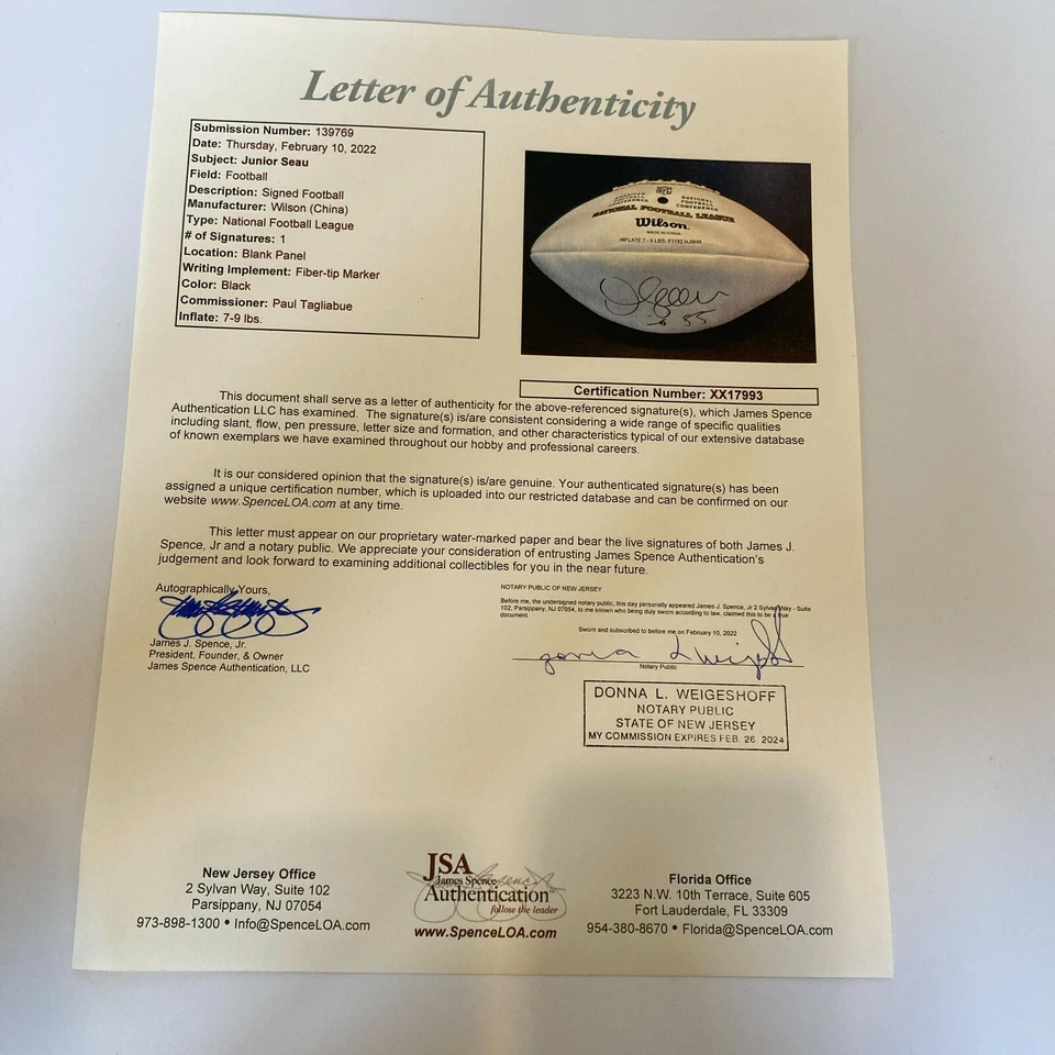 Junior Seau #55 Firmado Equipo de los Patriotas de Nueva Inglaterra Firmado NFL Fútbol Certificado de Autenticidad JSA Foto 2 de 4