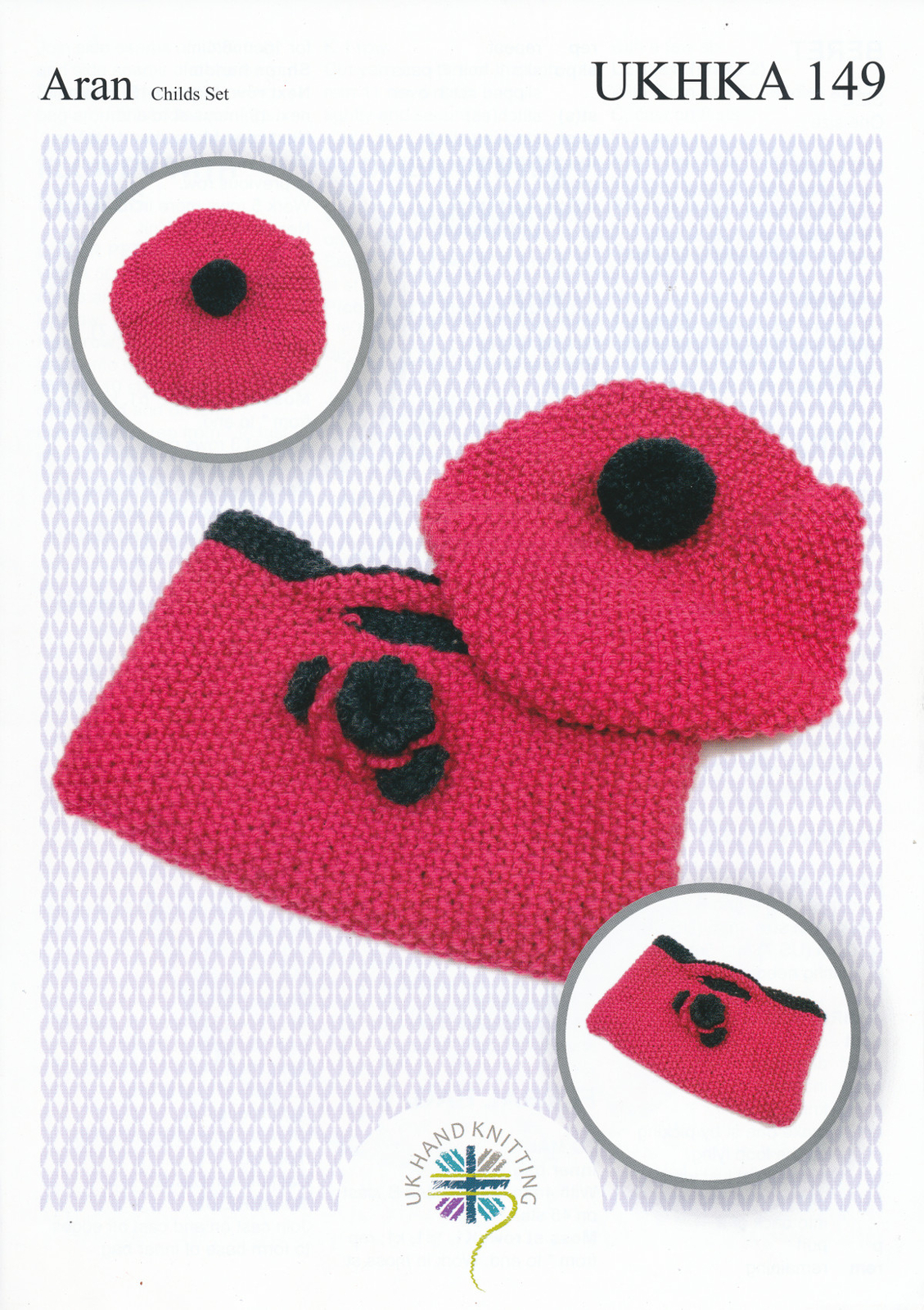 Aran Knitting Pattern for Childrens Girls Beret Hat & Floral Bag Set UKHKA 149
