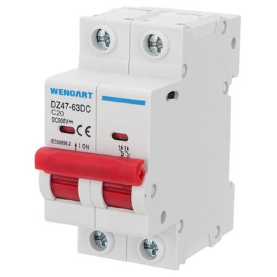 Wengart DC Miniature Circuit Breaker DZ47-63Z,500V 2 Poles 20A,Work for Battery