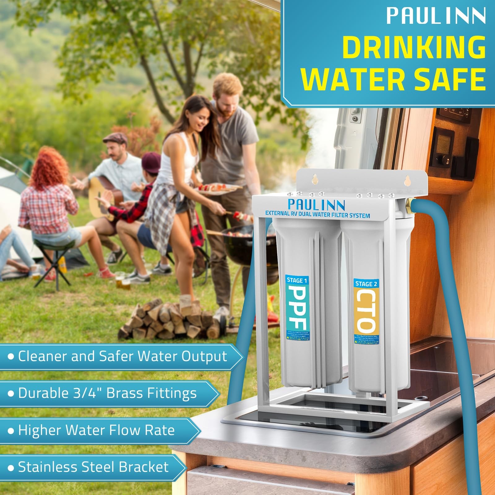 Dual RV Water Filter System - Lead-Free BPA-Free Reduces Chlorine & Odors