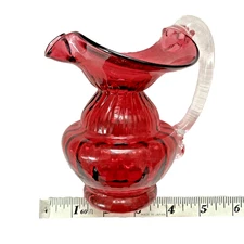 Cranberry Red Glass Pitcher Vase Hand Blown with Attached Clear Handle