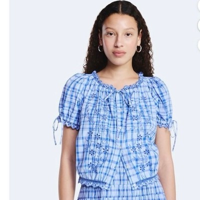 Free Assembly Blue Plaid Top Size Small
