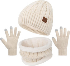 3 Pieces Winter Hats for Women Scarf Touch Screen Gloves Set Thick Warm Fleece L