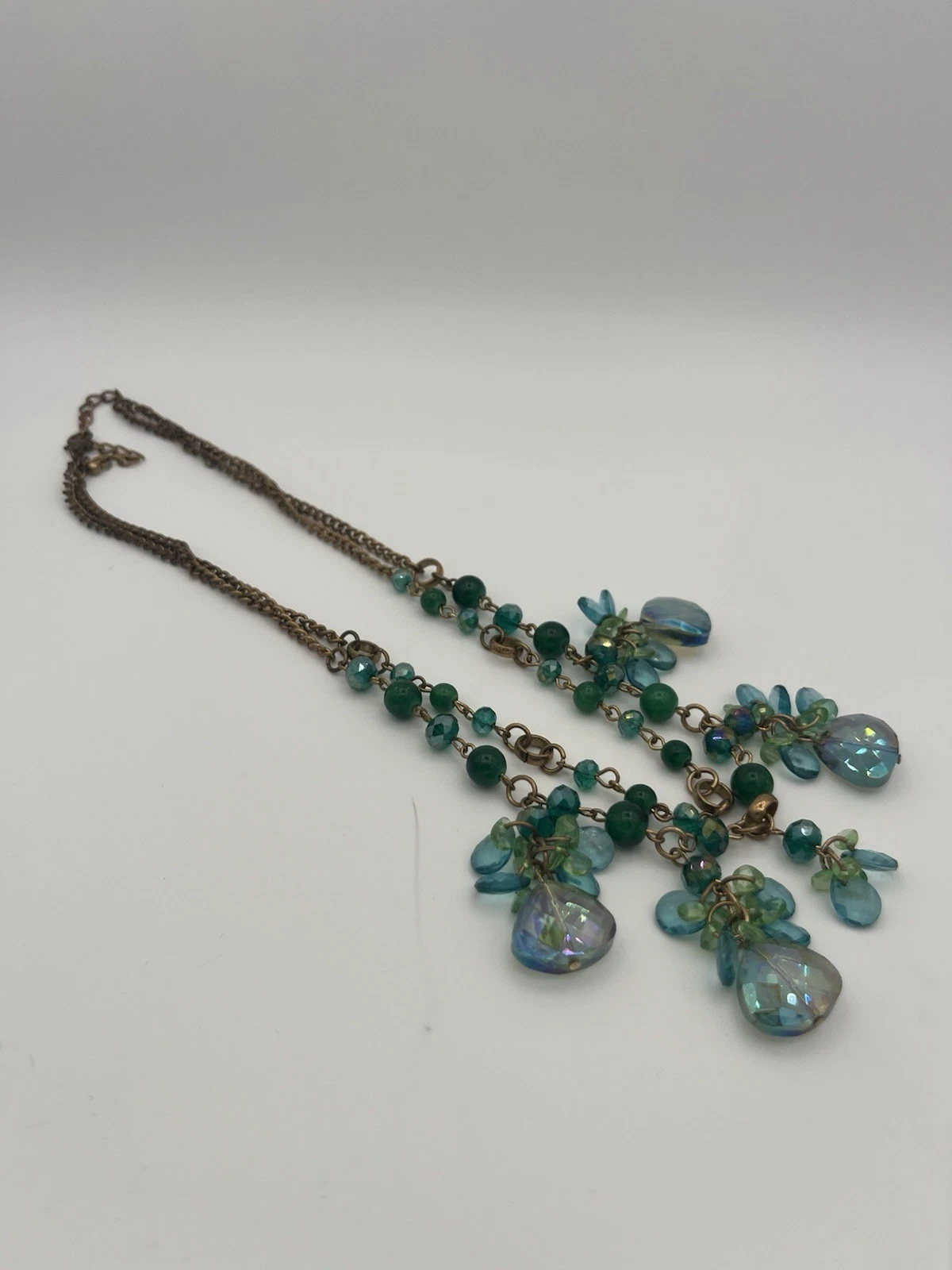 Teal Green Iridescent Beaded Statement Necklace Multi Strand Boho Gold Tone image 1