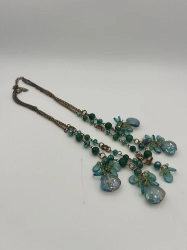 Teal Green Iridescent Beaded Statement Necklace Multi Strand Boho Gold Tone - product listing photo