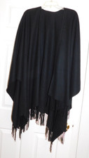 Women's Soft Wool Blend Poncho Cape Shawl Wrap One Size Black Fringe