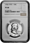 1956 Type 1 50C Proof Silver Franklin Half Dollar NGC Graded PF 68