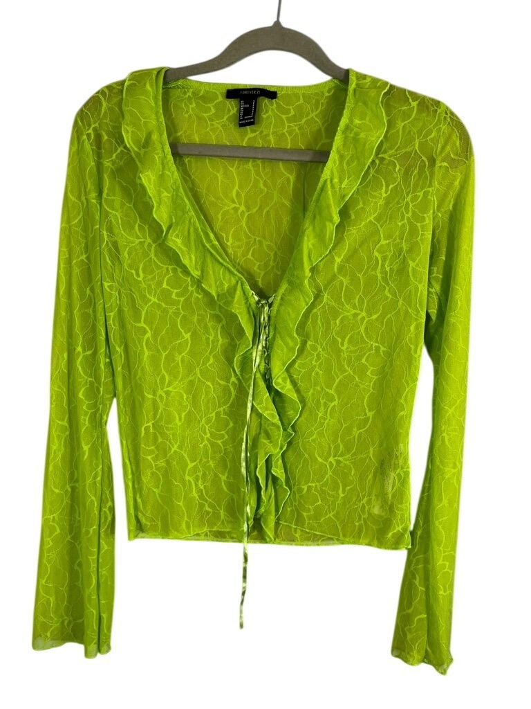 Retro Floral Mesh Top Green S Sheer Boho Indie Folk Fairy Whimsical Skater Chic