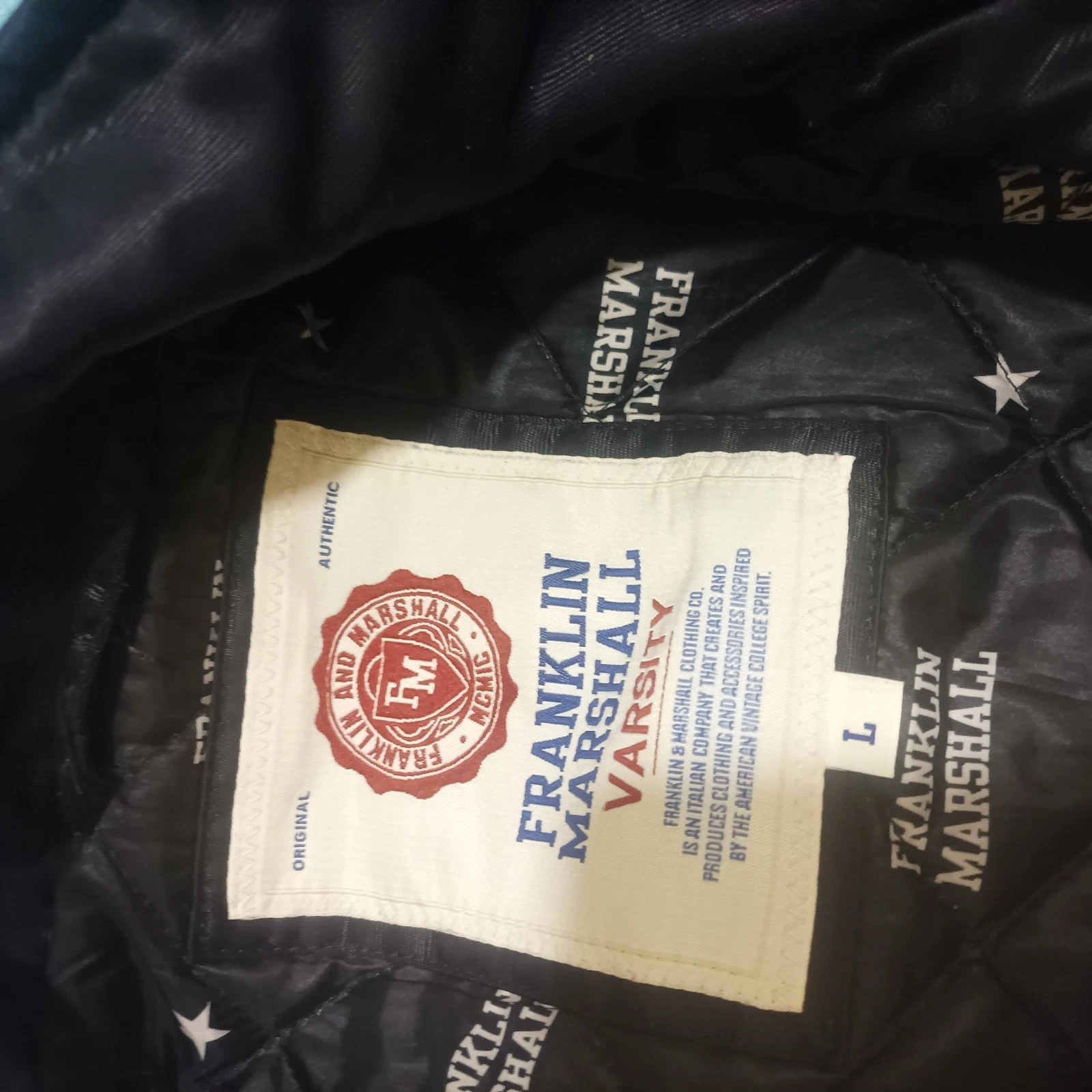 Franklin & Marshall Varsity Bomber Jacket Black Satin - Size L - Good Condition - product detail image 7