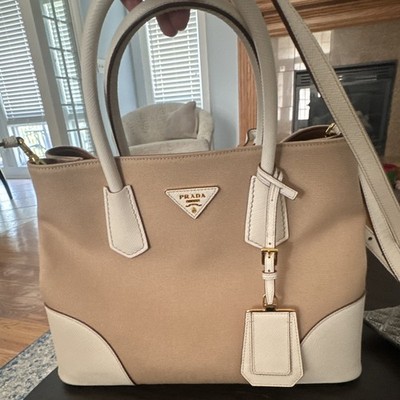 PRADA Milano Beige/White Satchel Tote Zip, Detachable Strap, Gold HW M