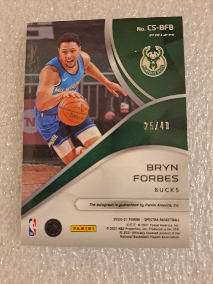 BRYN FORBES MILWAUKEE BUCKS AUTOGRAPHED #25/49 2020-21 PANINI CATALYSTS SPECTRA - Image 3 of 4