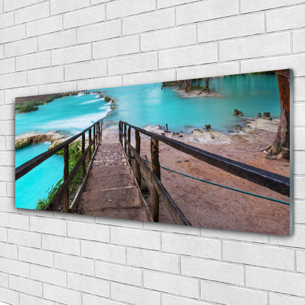 Tableau verre acrylique d'escalier et lac 125x50 pour agrandir une pièce