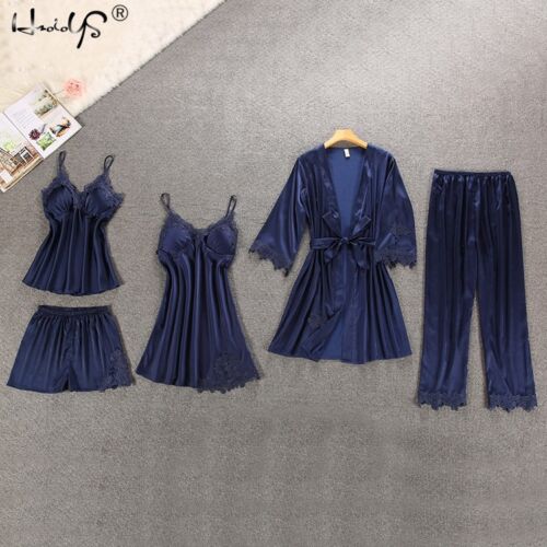 Women Pajamas Silk Satin Lace 5PCS Set Lingerie Sleepwear Babydoll Nightwear Pj - Picture 5 of 25