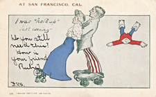 ROLLER SKATING UNCLE SAM & LADY FRIEND POSTCARD Wood's Early 1900s SAN FRANCISCO