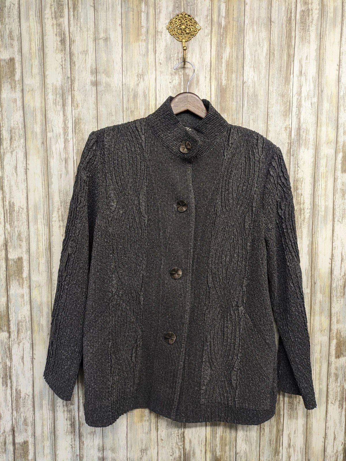 VETEMENTS Giacca cardigan donna Flair fatta a mano grigio collo alto bottoni pieghe Artsy Small