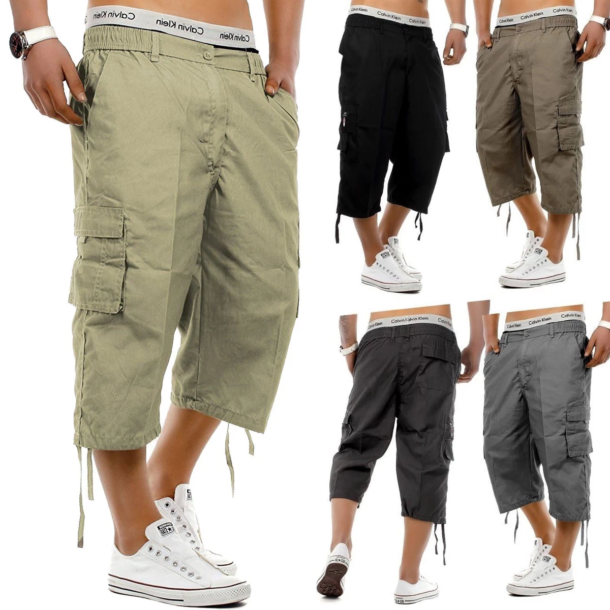 Mens 3/4 Long Length Shorts Elasticated Waist Cargo Combat Three Quarter  jeans s | eBay