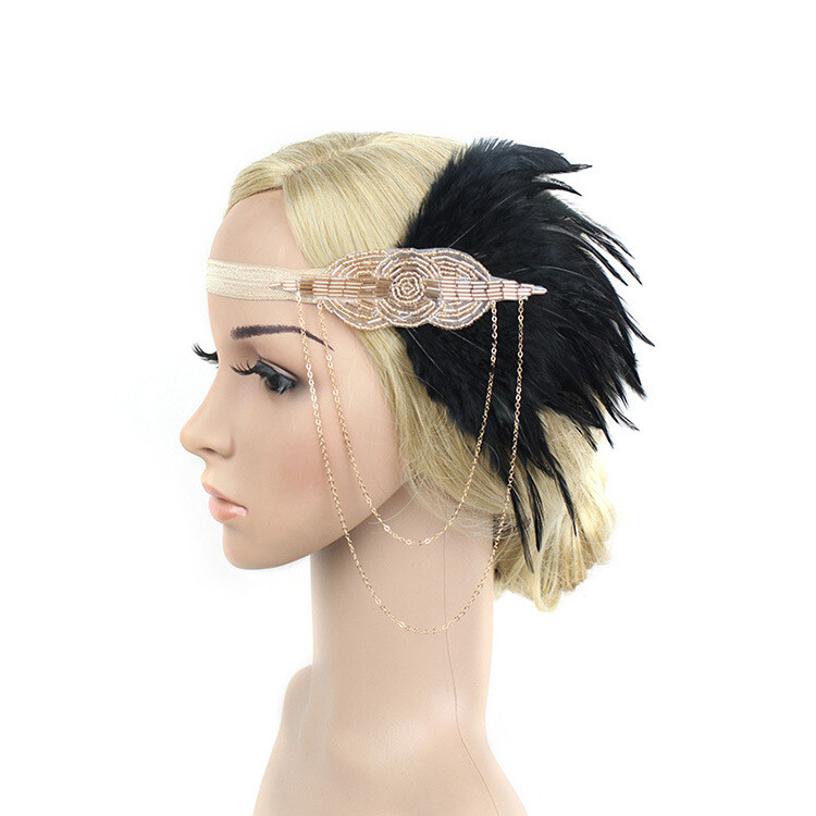 Headpiece Charleston Headband Flapper Pearl Tassel Chain 1920s Black