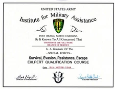 Special Forces SERE Survival Evasion Resistance Escape Replacement Certificate