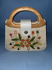 VTG Floral Raffia Woven Straw Bead Purse Handbag Wood Handles Philippines