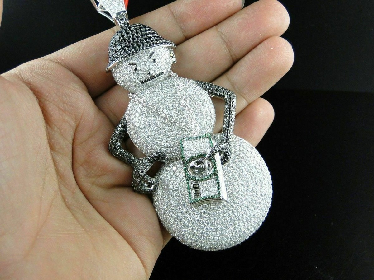 Simulated Round Sapphire & Onyx Snowman Money Bag Jeezy Pendant In