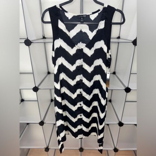 Aqua Black White Chevron Print Button Belted Sleeveless Dress Size L New