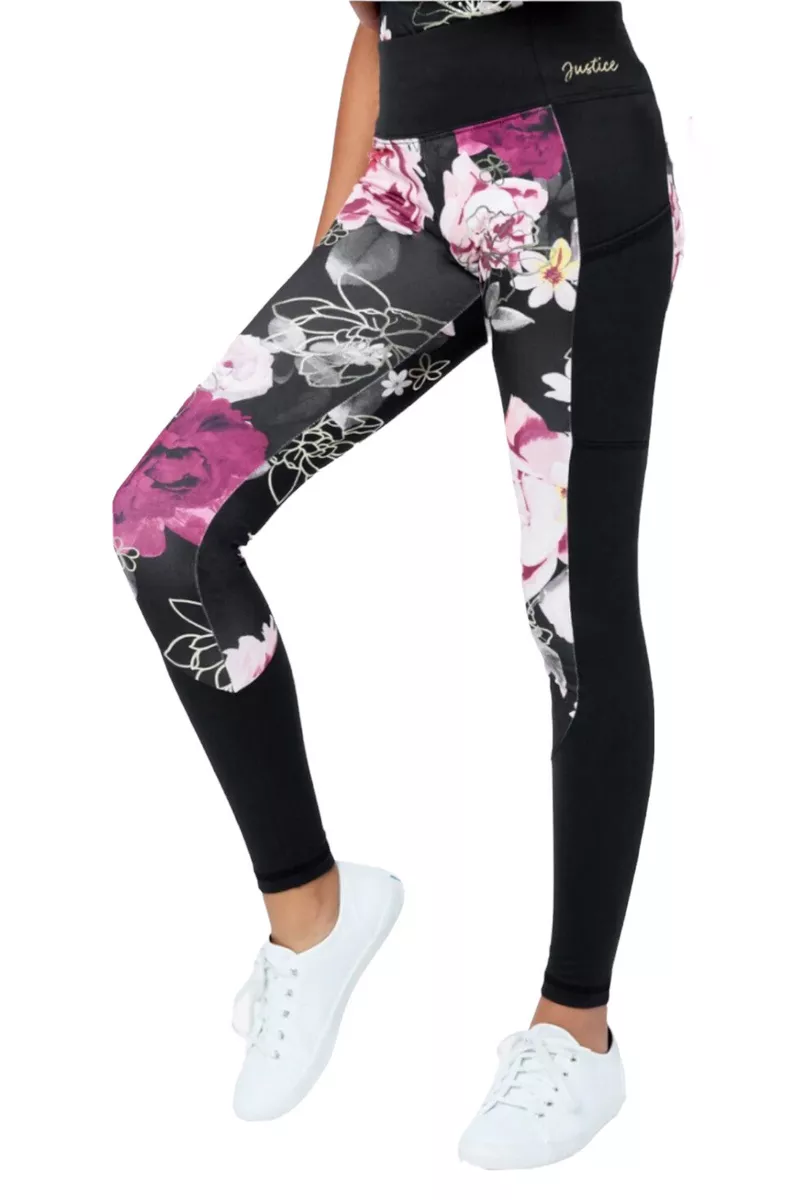Justice Girls Black Leggings Floral Full Length Tech Pocket And Logo Size 7 8