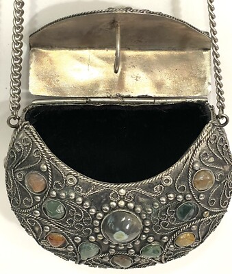 Vtg Handmade Sajai Metal Purse Handbag w/ Natural Agate Stones