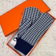 HERMES Hope Mittens Cashmere Gloves Navy White Knit Size M Authentic Italy
