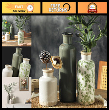 Set of 3 Vintage Ceramic Flower Vases, Chinoiserie Rustic Home Decor, Green Beig