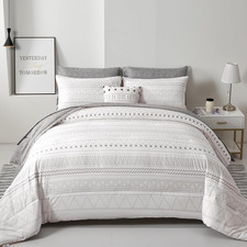 Boho Comforter Set, Queen, White Grey Geometric 7 Pieces, Bed in a Bag, Soft M