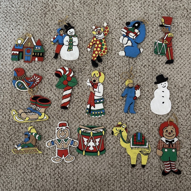 Vintage Flat Wooden Christmas Ornaments Hand Painted Double Sided Lot of 16
