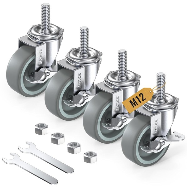 Lenkrollen 75Mm Mit Bremsen Gummirollen 4Er Set Schwerlastrollen Grau M12 X 30Mm-image