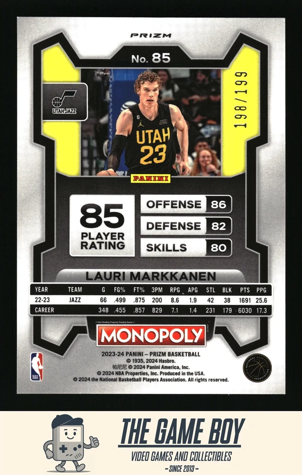 2023-24 Panini Prizm Monopoly Light Blue #85 Lauri Markkanen Utah Jazz /199 - Image 2 of 2