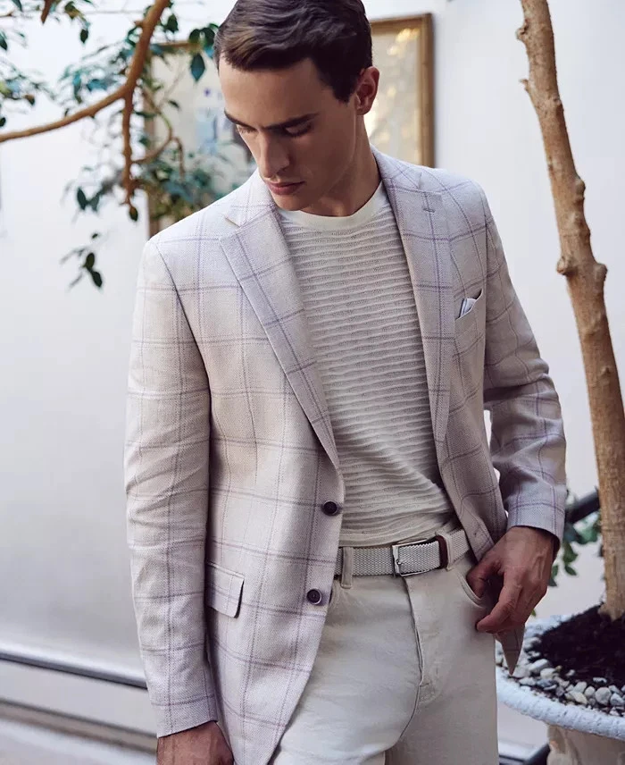 Tallia Men's Slim-Fit Printed Notch-Lapel Sport Coat 44S Natural Plaid E121736 - Image 4 of 4