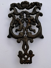 Antique Cast Iron Ornate Angel Filigree Cherub Trivet 8” Footed Victorian Scroll