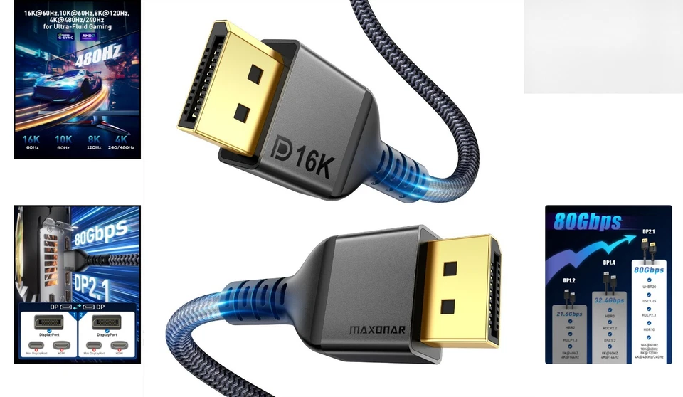 16K DisplayPort 2.1 Cable 2M - 80Gbps Performance, Braided Design - Image 2 of 4