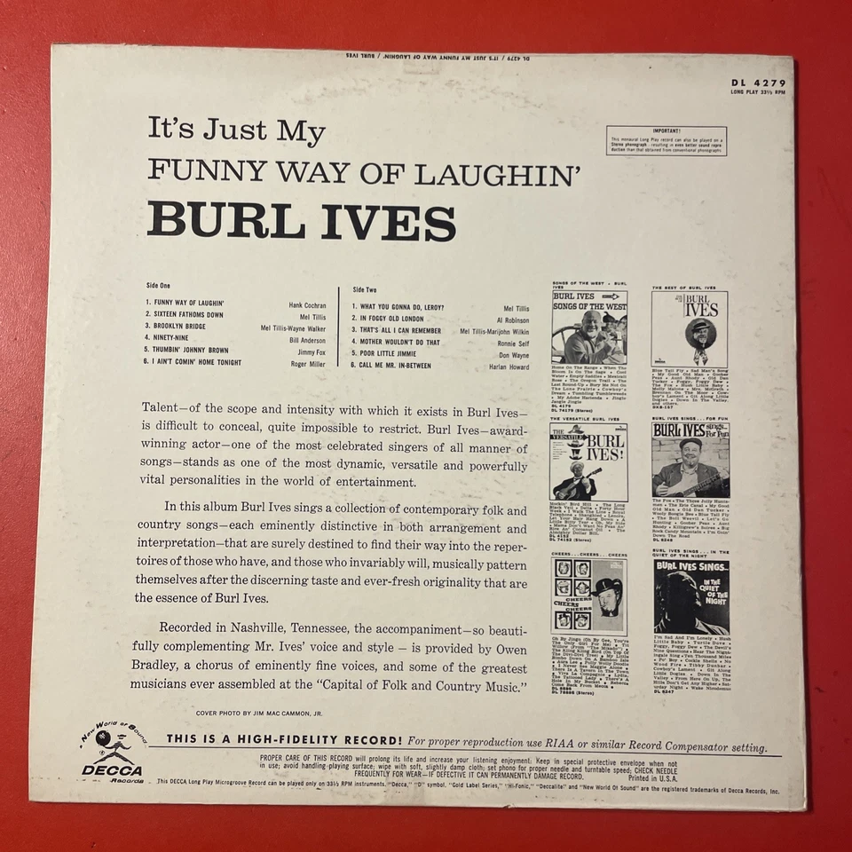 Пластинка долгоиграющая Burl Ives It's Just My Funny Way Of Laughin' Decca Mono + Inner Folk EX!!!! - Изображение 4 из 4