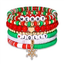 Christmas Beaded Bracelets for Women Xmas Charms Stretch Bracelets Set Holiday J