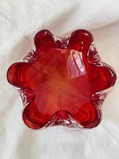Murano-Style Hand Blown Art Glass Flower Bowl, Red Petal Form on Clear Foot — listing 6