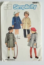 Simplicity 6661 Toddler SZ 2 Vintage 1984 Single or Double Breasted Coat Pattern