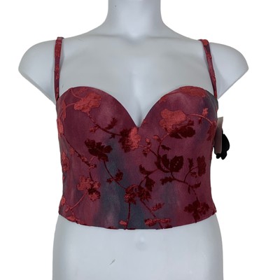 Felina Lingerie Sz 36D Bustier Floral Velvet Red Purple Underwire Adjustable NEW