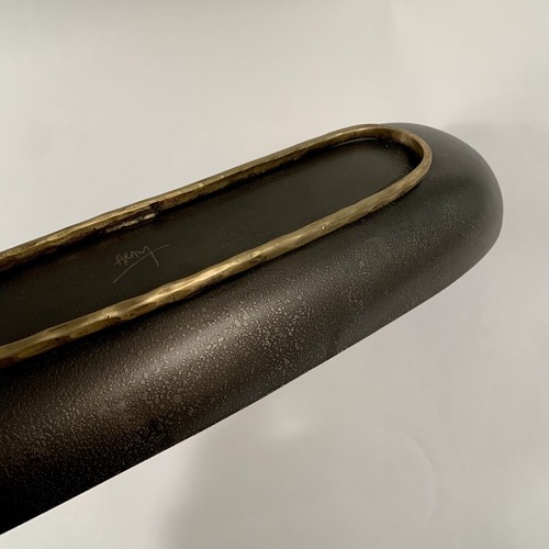 Long 15" Michael Aram Textured Footed Bowl Hand Signed Gunmetal Exterior - Picture 8 of 10