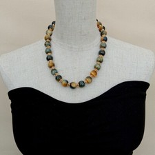 14mm Yellow Blue Tiger Smooth Round Bead Necklace 19" Women Men Fashion Jewelry