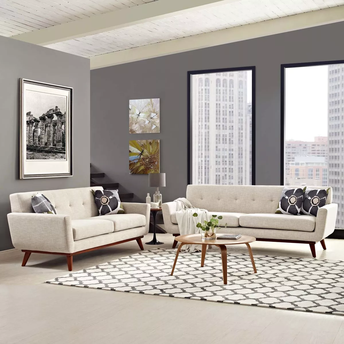 Modway Mid Century Modern Upholstered Leather 2PC Loveseat and
